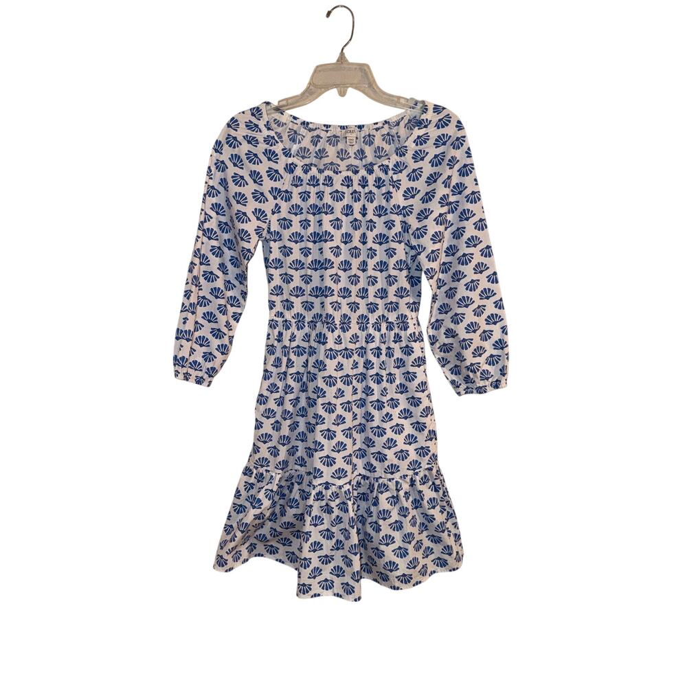 J.Crew Size 00 Blue White Shell Print Tiered Dress Puff Sleeve Pockets